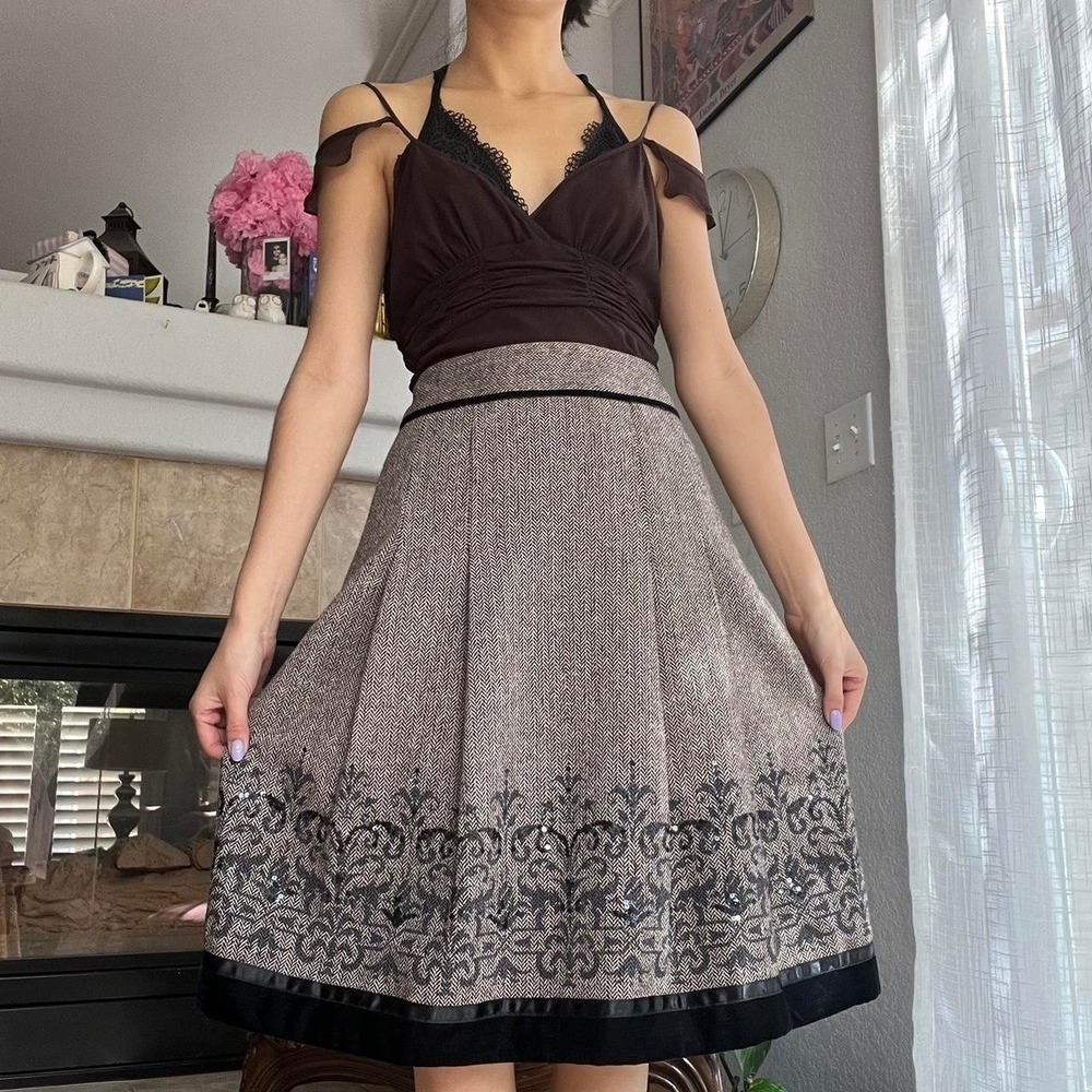 Loft Herringbone Sequins Velvet Trim Wool‎ Blend Embroidered Skirt Womens 10 L